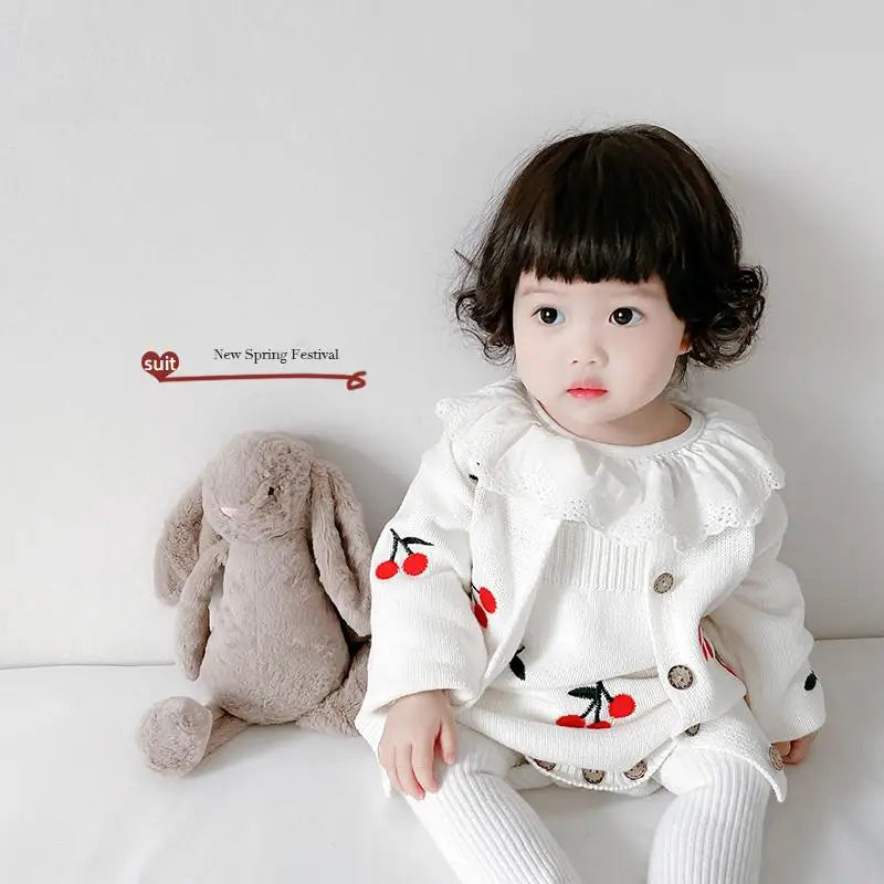 baby suit  0-2 years old female baby girls lovely and sweet cherry embroidered long-sleeved jacket + ha skirt single shot