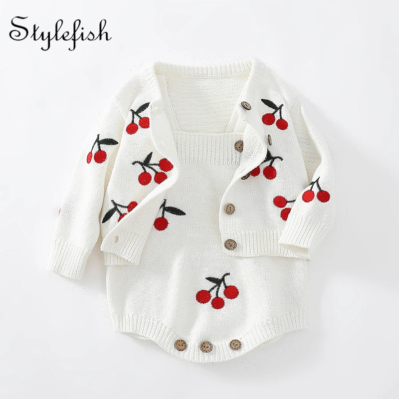 baby suit  0-2 years old female baby girls lovely and sweet cherry embroidered long-sleeved jacket + ha skirt single shot